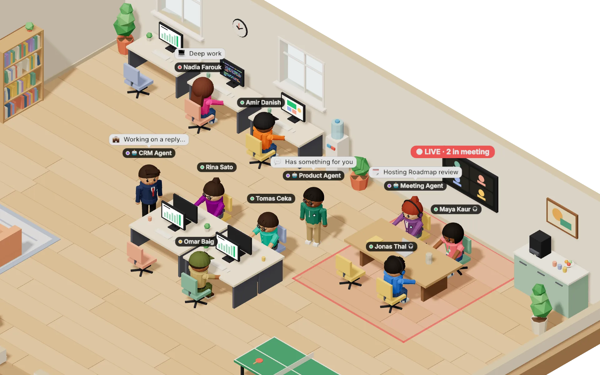 The CRM Agent, the Meeting Agent and the Product Agent at work in the 3D office: the CRM Agent stands by Rina's desk, the Product Agent at Tomas's shoulder, and the Meeting Agent hosts in the meeting room with Maya and Jonas.