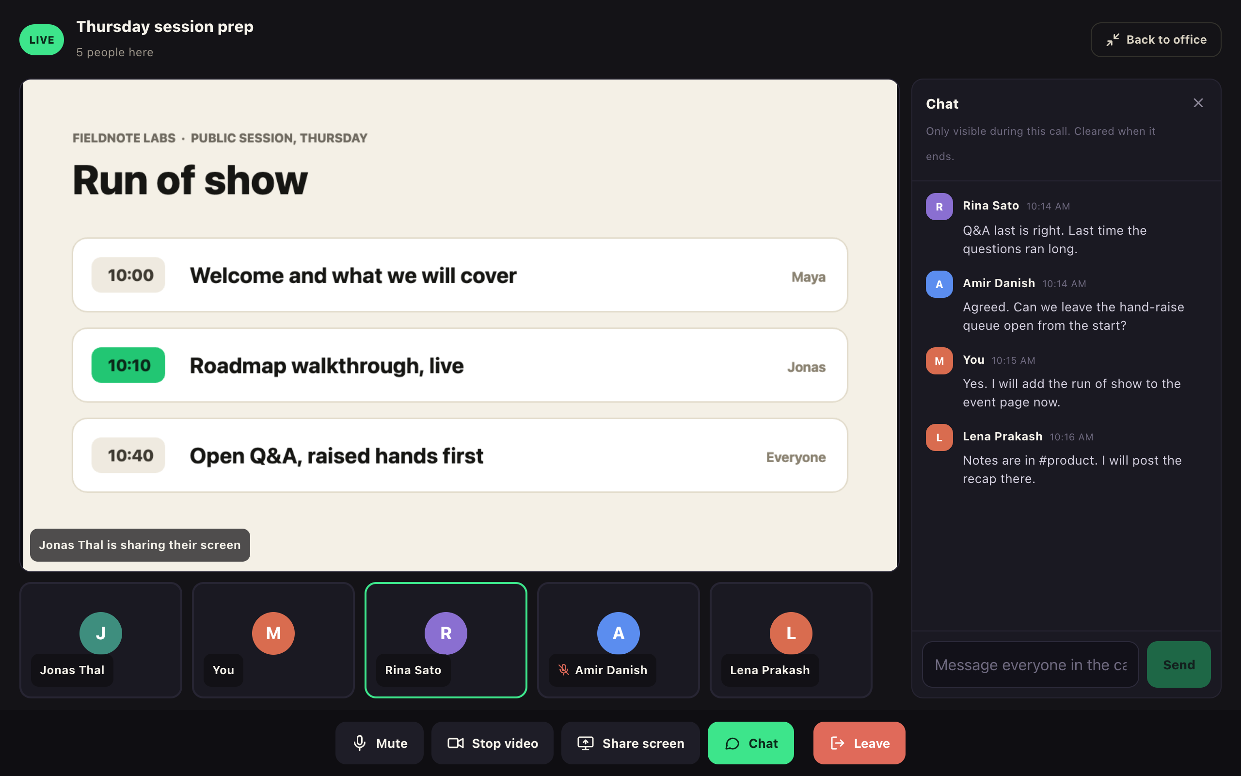 The full meeting view: a shared run-of-show slide fills the stage, five teammates sit in a strip below it, and a temporary in-call chat is open on the right.