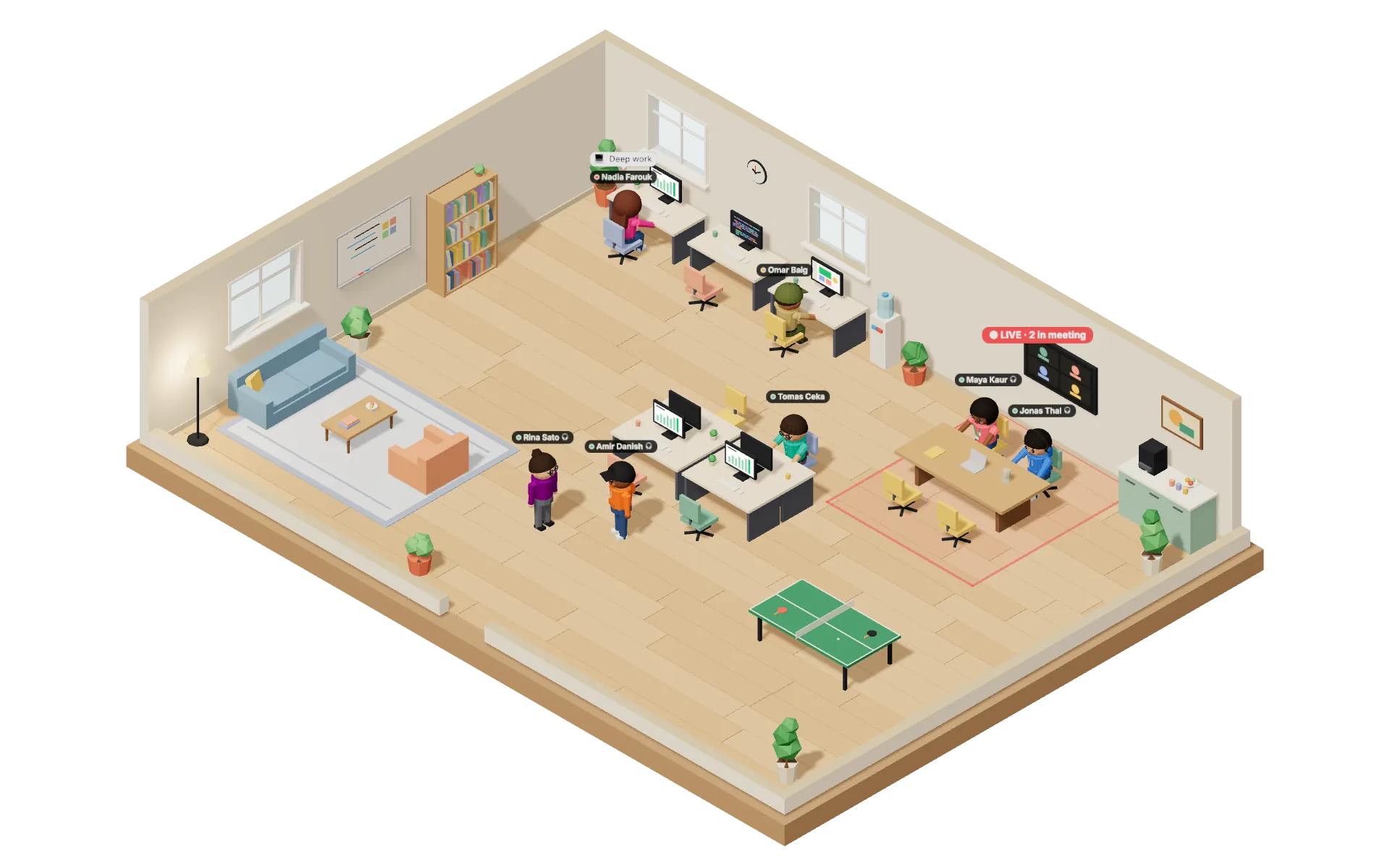The Virtual Office in Virtual Hirix: an isometric 3D office with desks, a meeting room and a lounge. The Fieldnote Labs team are at their desks; Rina and Amir stand together in a proximity call, and Maya and Jonas are in the meeting room.